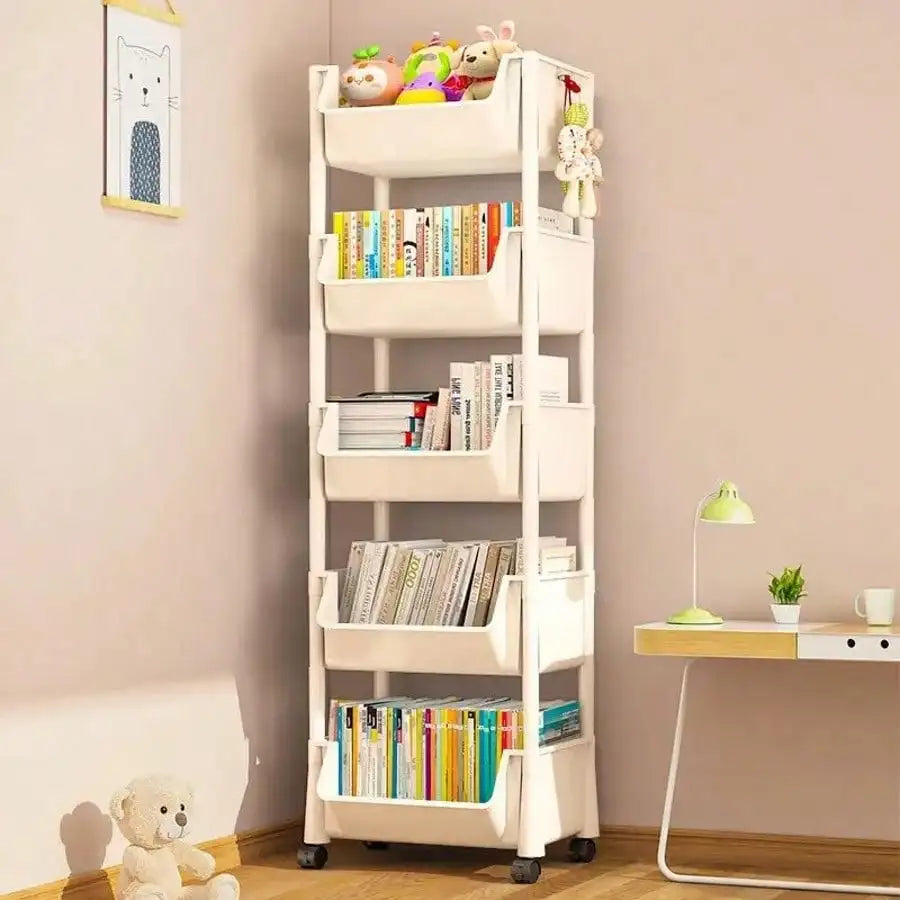Rolling Bookshelf 5 Layer Mobile Storage Shelf Compact Organizer for Home Office Classroom Bedroom Space Saving Easy Assembly