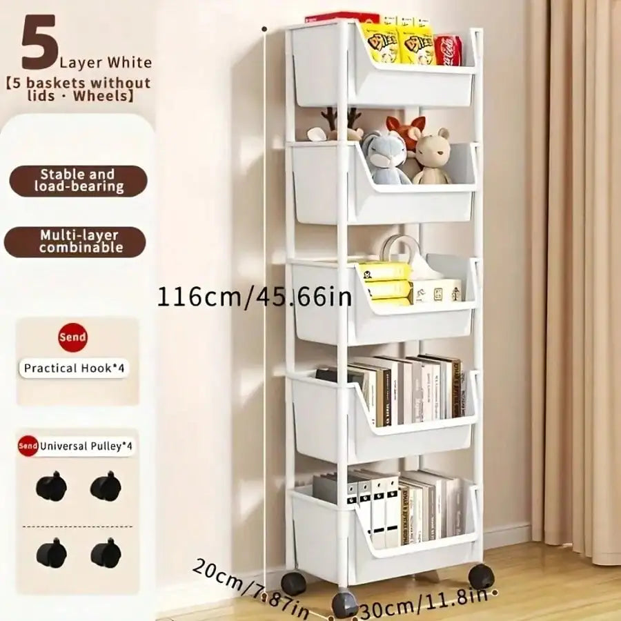 Rolling Bookshelf 5 Layer Mobile Storage Shelf Compact Organizer for Home Office Classroom Bedroom Space Saving Easy Assembly