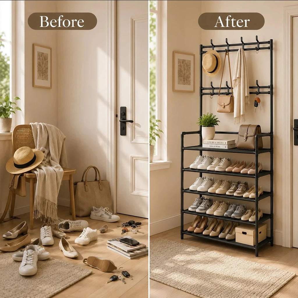 5-Tier Shoe Rack with Coat Hooks, Large Capacity Entryway Shoe Storage Organizer Bench, Freestanding Hallway Shelf for Sneakers Bags Hats, Space Saving Home Furniture