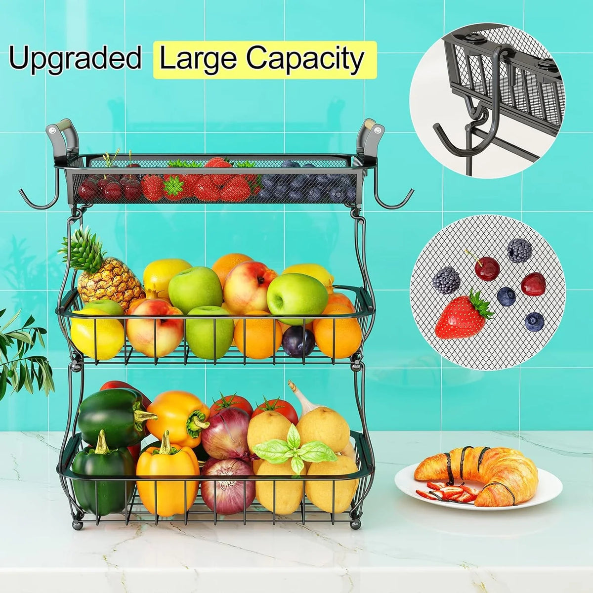 3 Tier Fruit Basket Bowl With 2 Banana Hangers For Kitchen Counter, Vegetable Countertop Produce Storage Holder, Large Capacity Metal Wire Fruits Stand Organizer For Onion Potato Bread Snack