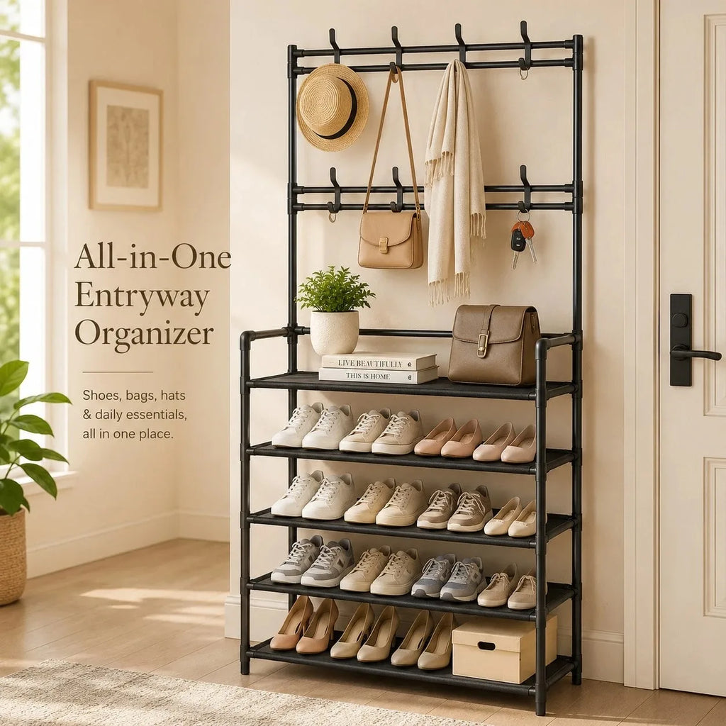 5-Tier Shoe Rack with Coat Hooks, Large Capacity Entryway Shoe Storage Organizer Bench, Freestanding Hallway Shelf for Sneakers Bags Hats, Space Saving Home Furniture