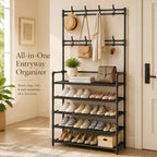 5-Tier Shoe Rack with Coat Hooks, Large Capacity Entryway Shoe Storage Organizer Bench, Freestanding Hallway Shelf for Sneakers Bags Hats, Space Saving Home Furniture