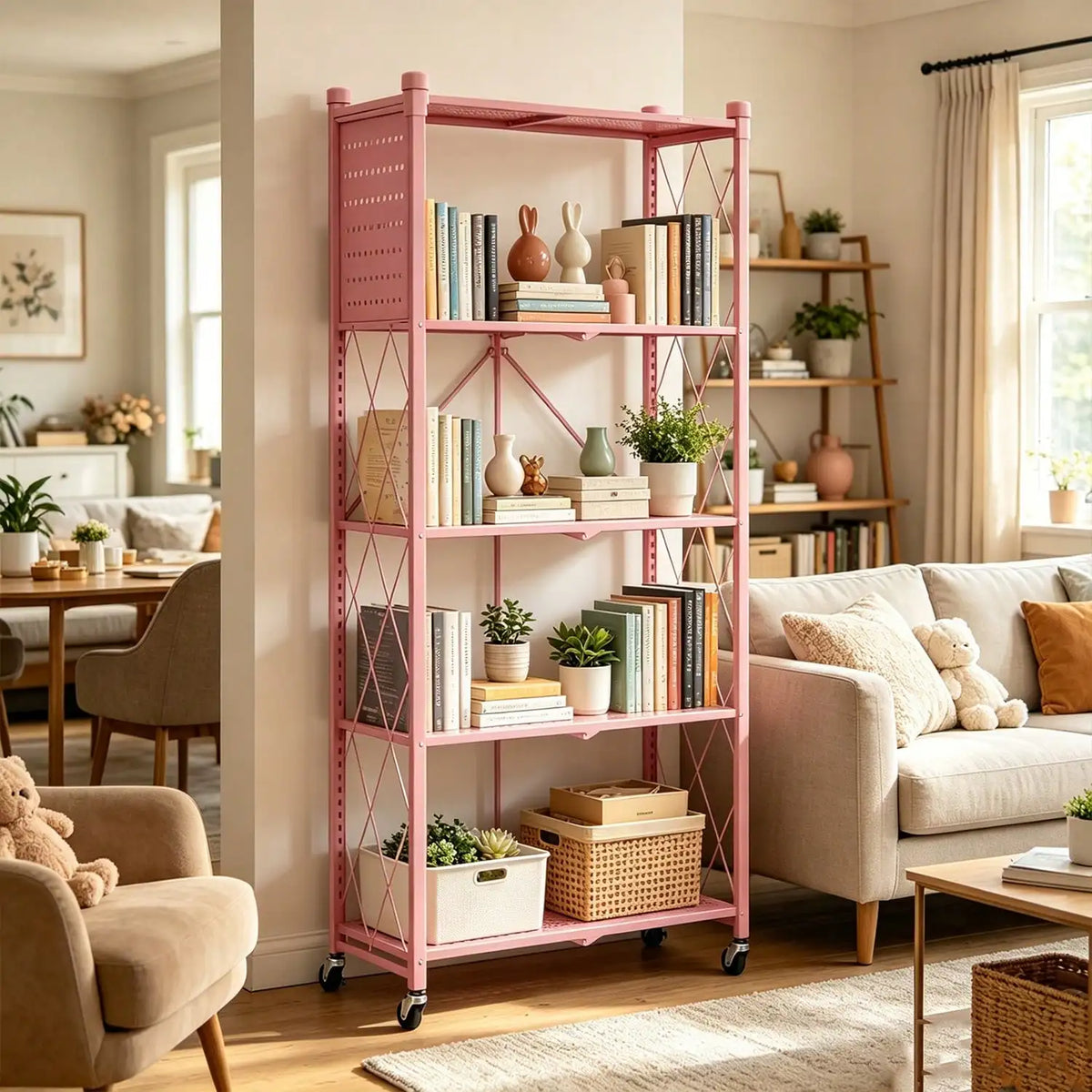 Ready-To-Use Folding Storage Rack 2/3/4/5-Tier Space Saving No Assembly Portable for Living Room Kitchen Garage