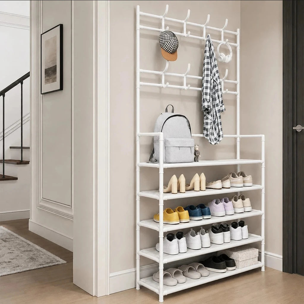 5-Tier Shoe Rack with Coat Hooks, Large Capacity Entryway Shoe Storage Organizer Bench, Freestanding Hallway Shelf for Sneakers Bags Hats, Space Saving Home Furniture