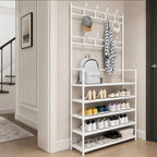 5-Tier Shoe Rack with Coat Hooks, Large Capacity Entryway Shoe Storage Organizer Bench, Freestanding Hallway Shelf for Sneakers Bags Hats, Space Saving Home Furniture