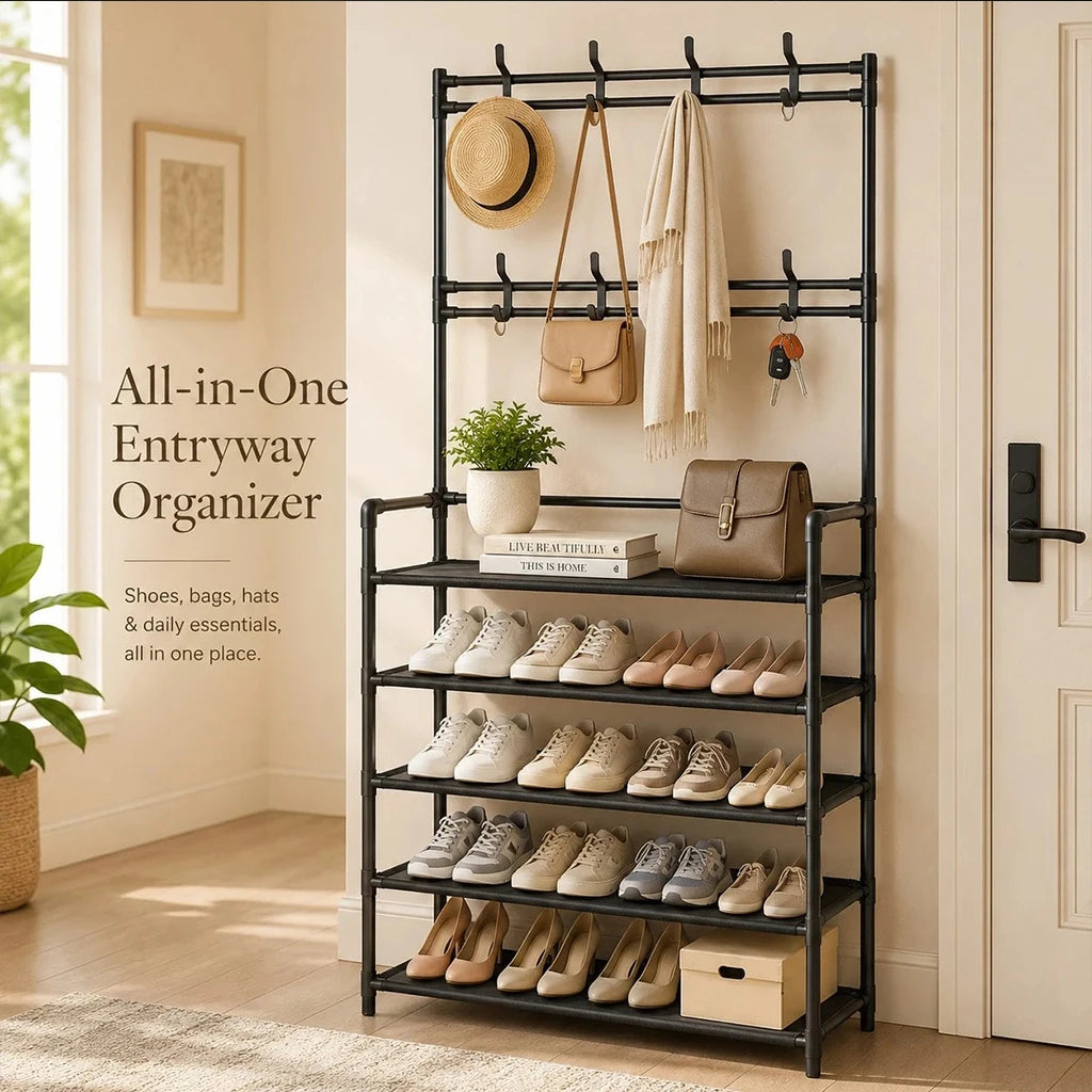 5-Tier Shoe Rack with Coat Hooks, Large Capacity Entryway Shoe Storage Organizer Bench, Freestanding Hallway Shelf for Sneakers Bags Hats, Space Saving Home Furniture