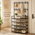 5-Tier Shoe Rack with Coat Hooks, Large Capacity Entryway Shoe Storage Organizer Bench, Freestanding Hallway Shelf for Sneakers Bags Hats, Space Saving Home Furniture