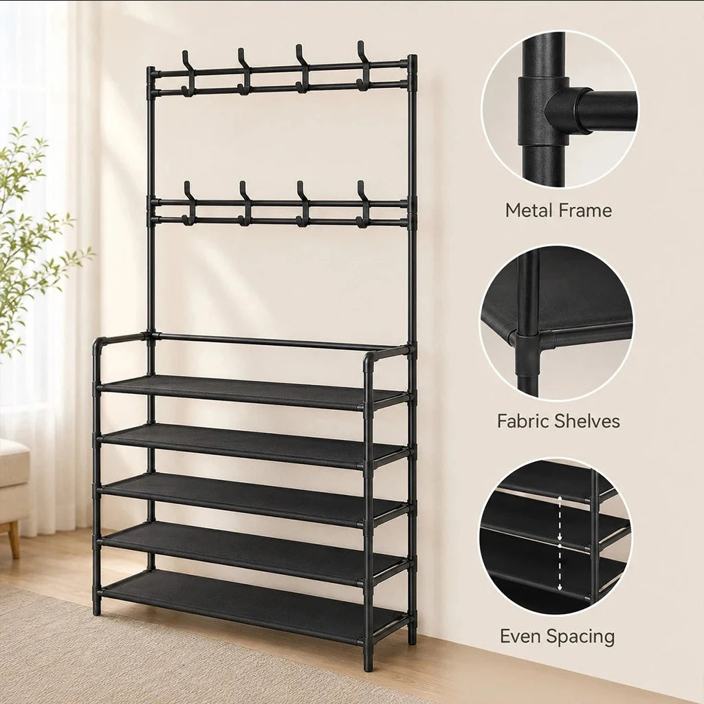 5-Tier Shoe Rack with Coat Hooks, Large Capacity Entryway Shoe Storage Organizer Bench, Freestanding Hallway Shelf for Sneakers Bags Hats, Space Saving Home Furniture