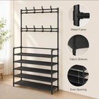 5-Tier Shoe Rack with Coat Hooks, Large Capacity Entryway Shoe Storage Organizer Bench, Freestanding Hallway Shelf for Sneakers Bags Hats, Space Saving Home Furniture