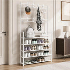 5-Tier Shoe Rack with Coat Hooks, Large Capacity Entryway Shoe Storage Organizer Bench, Freestanding Hallway Shelf for Sneakers Bags Hats, Space Saving Home Furniture