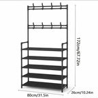 5-Tier Shoe Rack with Coat Hooks, Large Capacity Entryway Shoe Storage Organizer Bench, Freestanding Hallway Shelf for Sneakers Bags Hats, Space Saving Home Furniture