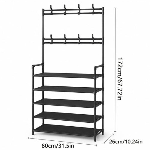 5-Tier Shoe Rack with Coat Hooks, Large Capacity Entryway Shoe Storage Organizer Bench, Freestanding Hallway Shelf for Sneakers Bags Hats, Space Saving Home Furniture