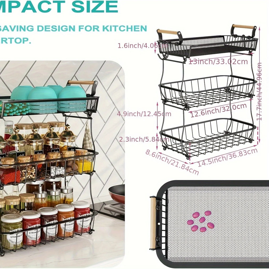 3 Tier Fruit Basket Bowl With 2 Banana Hangers For Kitchen Counter, Vegetable Countertop Produce Storage Holder, Large Capacity Metal Wire Fruits Stand Organizer For Onion Potato Bread Snack