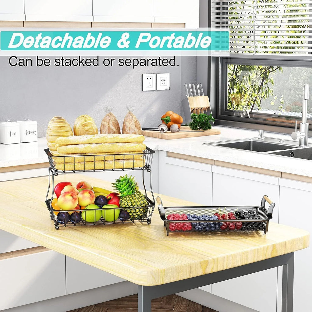 3 Tier Fruit Basket Bowl With 2 Banana Hangers For Kitchen Counter, Vegetable Countertop Produce Storage Holder, Large Capacity Metal Wire Fruits Stand Organizer For Onion Potato Bread Snack