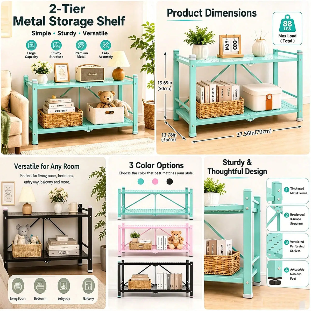 Ready-To-Use Folding Storage Rack 2/3/4/5-Tier Space Saving No Assembly Portable for Living Room Kitchen Garage