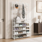 5-Tier Shoe Rack with Coat Hooks, Large Capacity Entryway Shoe Storage Organizer Bench, Freestanding Hallway Shelf for Sneakers Bags Hats, Space Saving Home Furniture