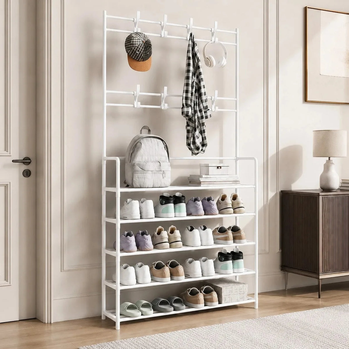 5-Tier Shoe Rack with Coat Hooks, Large Capacity Entryway Shoe Storage Organizer Bench, Freestanding Hallway Shelf for Sneakers Bags Hats, Space Saving Home Furniture