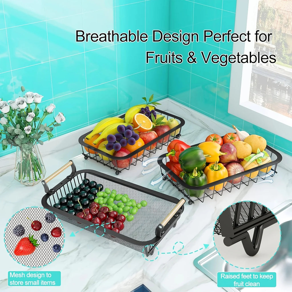 3 Tier Fruit Basket Bowl With 2 Banana Hangers For Kitchen Counter, Vegetable Countertop Produce Storage Holder, Large Capacity Metal Wire Fruits Stand Organizer For Onion Potato Bread Snack