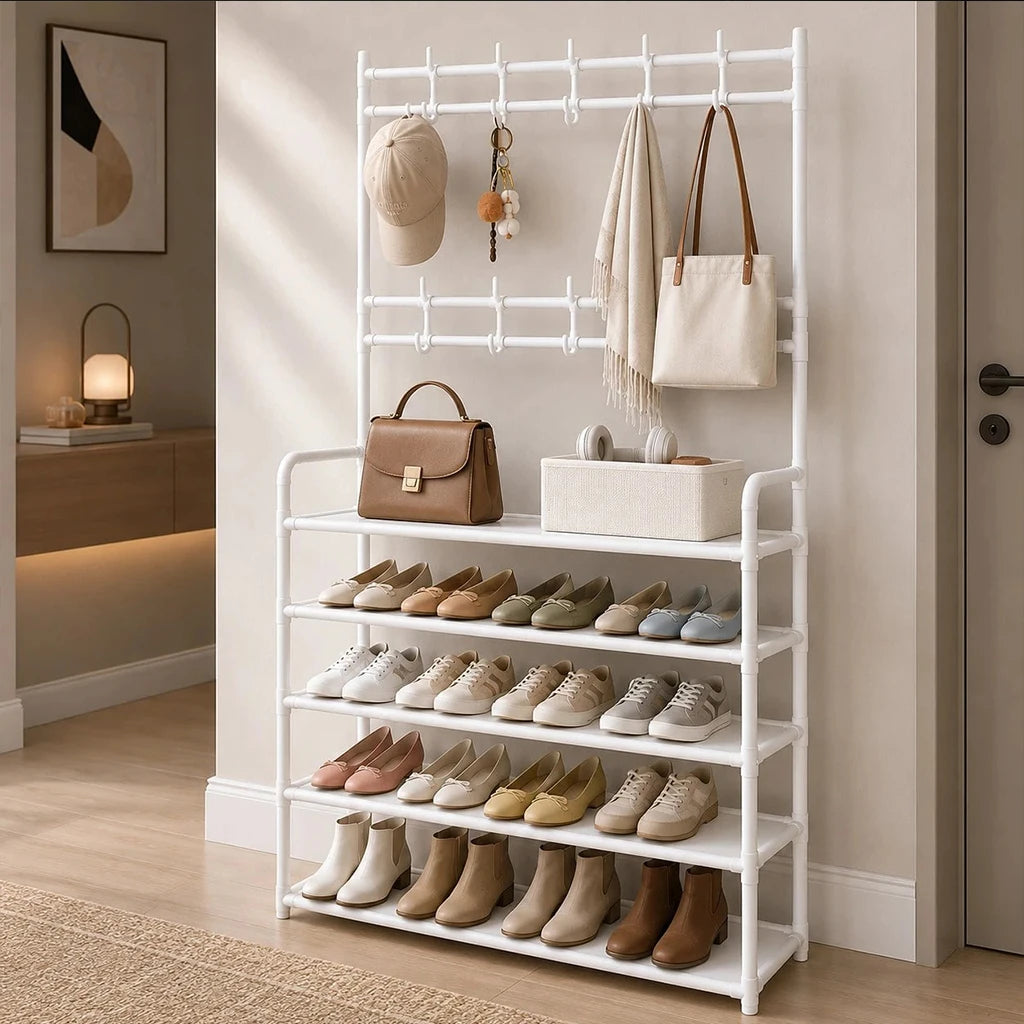 5-Tier Shoe Rack with Coat Hooks, Large Capacity Entryway Shoe Storage Organizer Bench, Freestanding Hallway Shelf for Sneakers Bags Hats, Space Saving Home Furniture