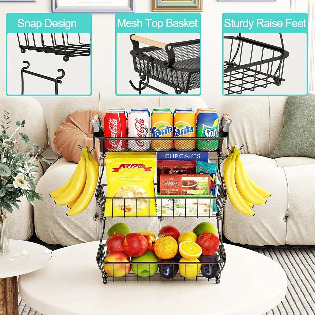 3 Tier Fruit Basket Bowl With 2 Banana Hangers For Kitchen Counter, Vegetable Countertop Produce Storage Holder, Large Capacity Metal Wire Fruits Stand Organizer For Onion Potato Bread Snack