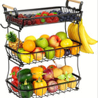 3 Tier Fruit Basket Bowl With 2 Banana Hangers For Kitchen Counter, Vegetable Countertop Produce Storage Holder, Large Capacity Metal Wire Fruits Stand Organizer For Onion Potato Bread Snack